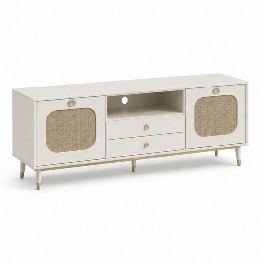 Mobile TV basse en MDF et rotin avec 2 portes, 2 tiroirs, compartiment ouvert et passe-câbles, blanc cassé, beige naturel et laiton, 160 × 40 × 60 cm