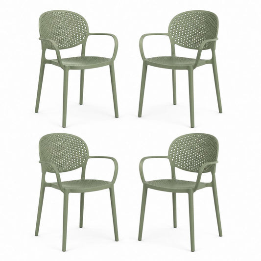 Ensemble de 4 chaises empilables d'extérieur en polypropylène vert olive avec accoudoirs, 57 × 55 × 81 cm