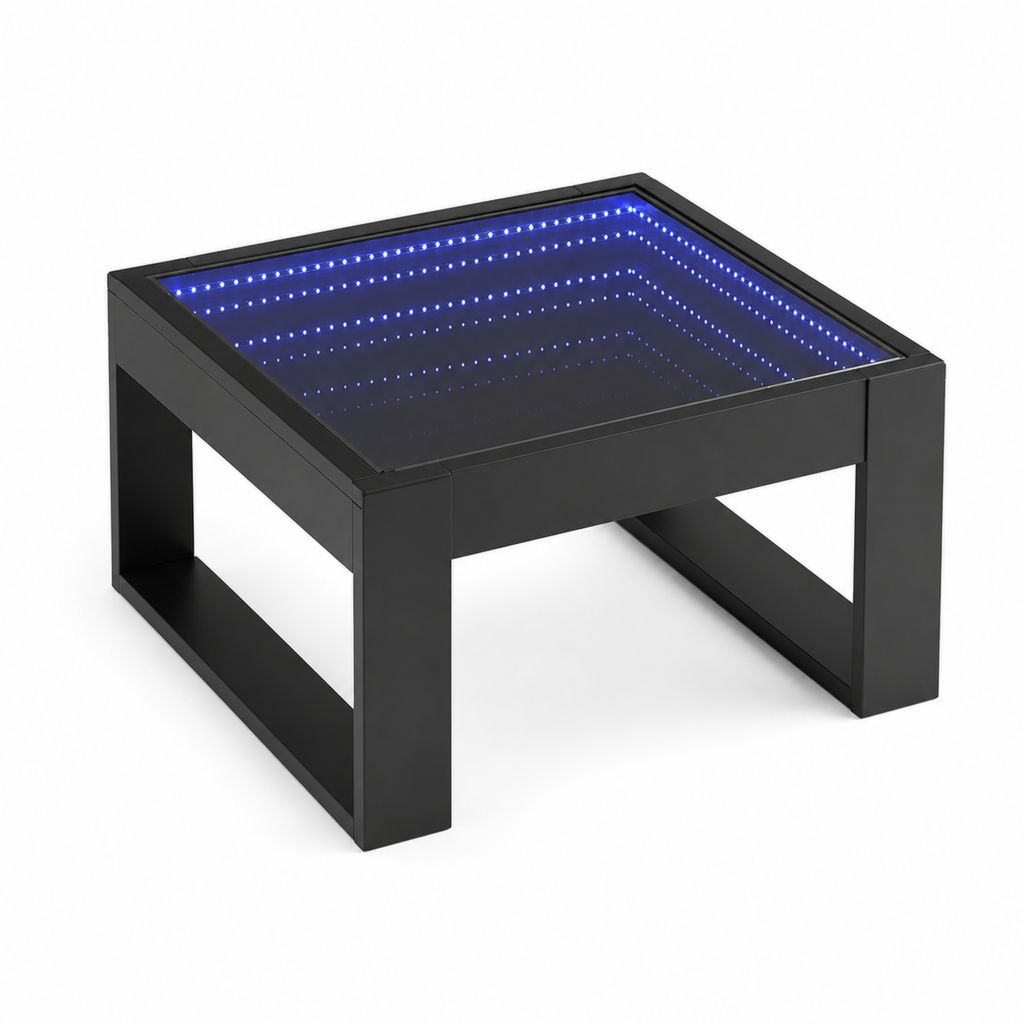 Table basse carrée avec miroir infini LED bleu, plateau en verre et structure en MDF noir, 80 × 80 × 45 cm