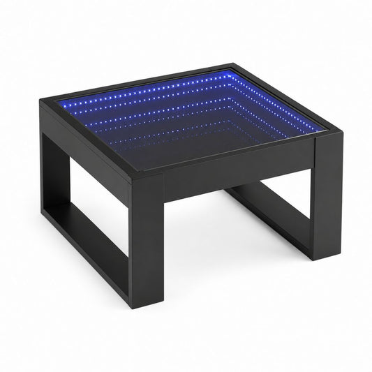Table basse carrée avec miroir infini LED bleu, plateau en verre et structure en MDF noir, 80 × 80 × 45 cm