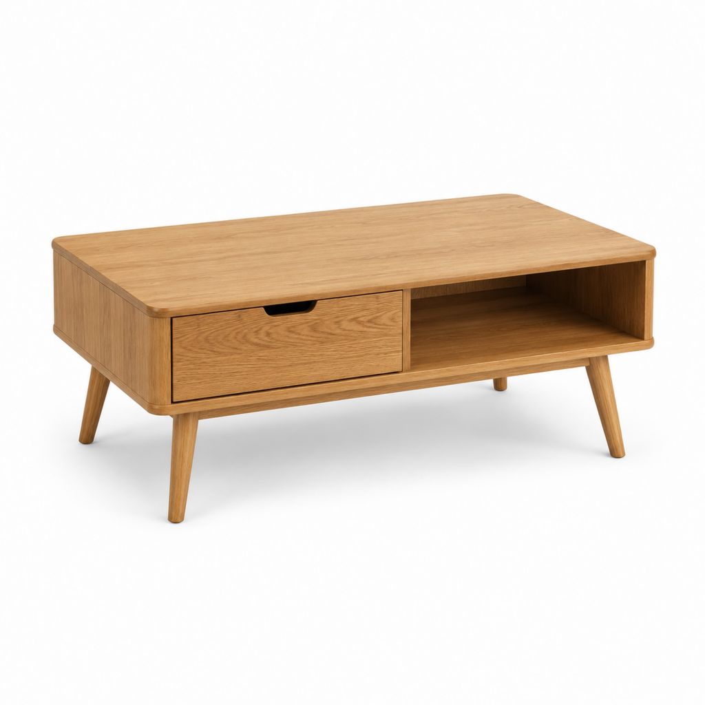 Table basse rectangulaire en bois avec tiroir et compartiment ouvert, chêne naturel, 100 × 55 × 45 cm